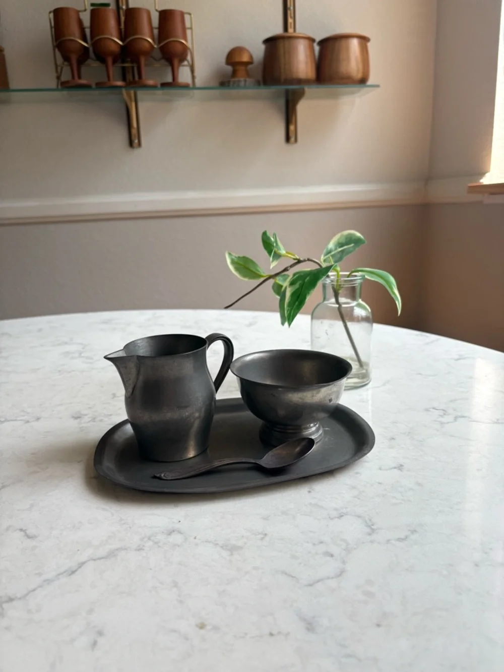 Vintage Pewter Creamer and Sugar Set with Tray and spoon